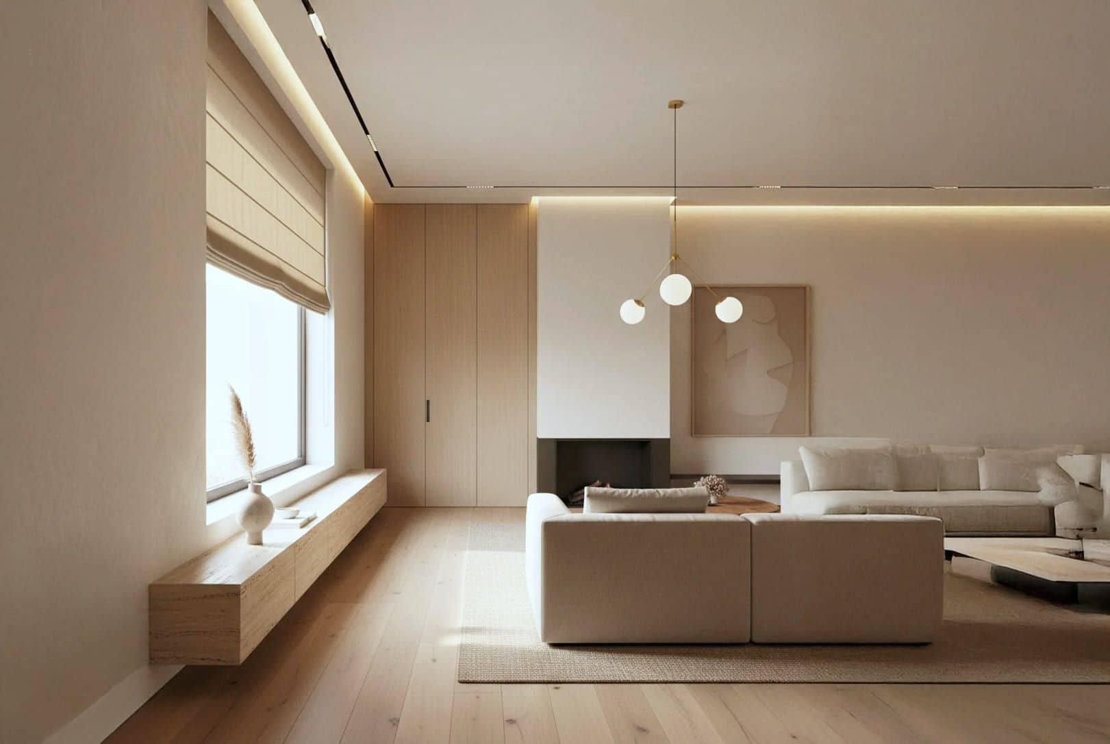 A furnished room with window coverings in daylight